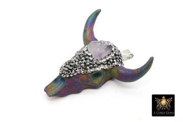 Natural Amethyst Bone Cow Skull Pendant, Boho Longhorn Cattle CW5 - A Girls Gems